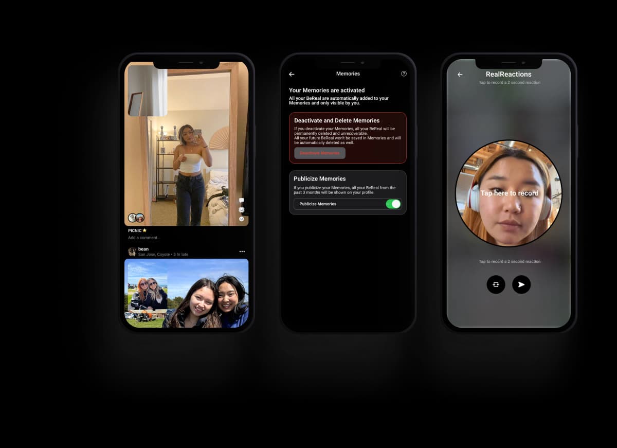 BeReal app screens showing the feed, Memories settings, and RealReactions