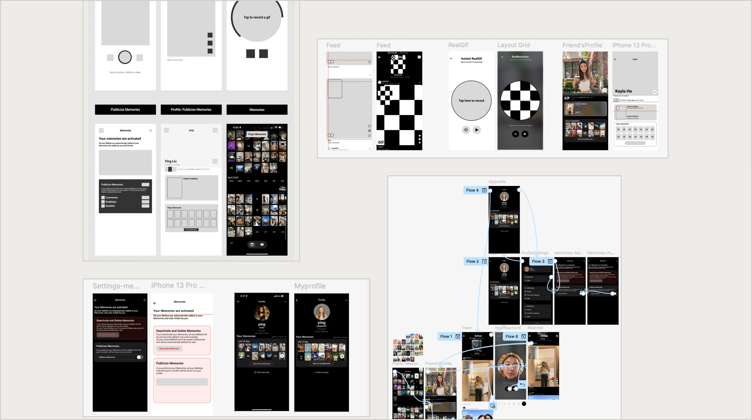 Lo-fi and hi-fi boards across the 3 second video, RealGif reactions and Memories flows