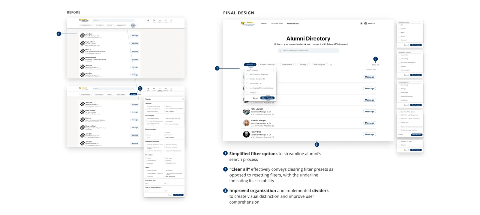 Before and after of the alumni directory and its filtering