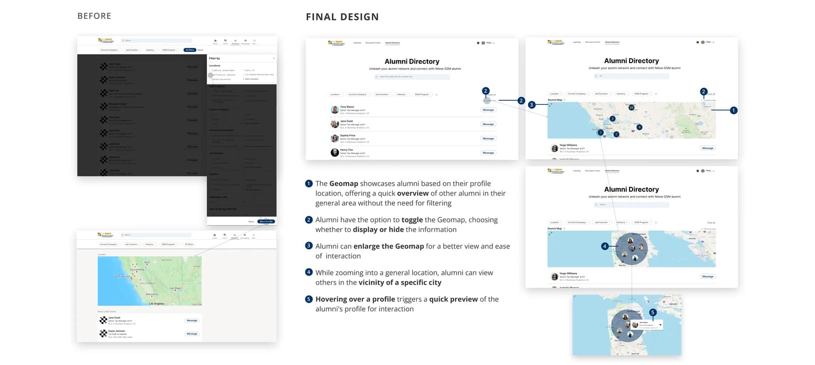 Before and after of the alumni geomap, with notes on toggling, enlarging and hover previews