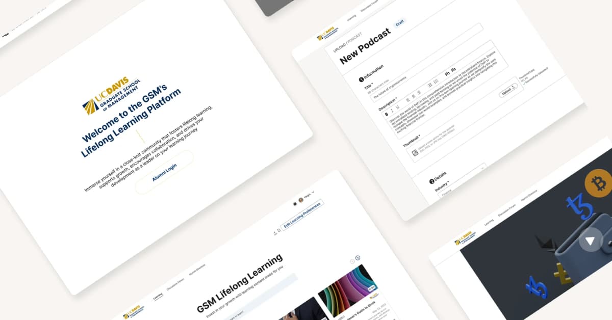 GSM Lifelong Learning platform screens — landing page, learning library, and content upload