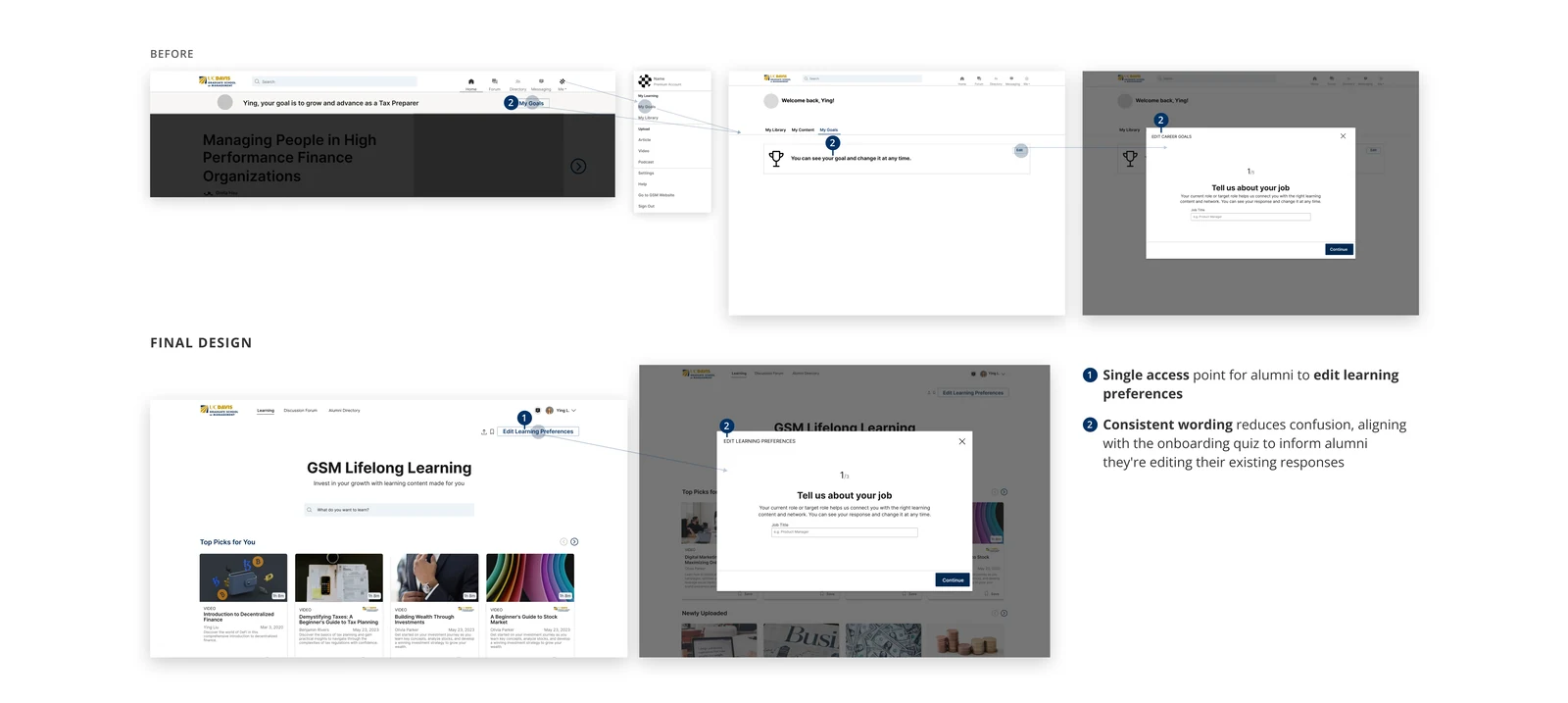 Before and after of editing learning preferences, with notes on a single access point and consistent wording