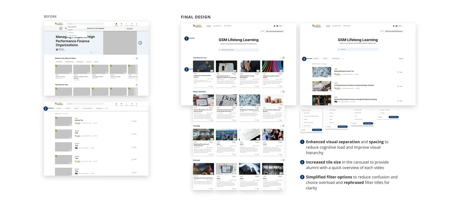 Before and after of the learning dashboard, with notes on visual separation, tile size and simplified filters