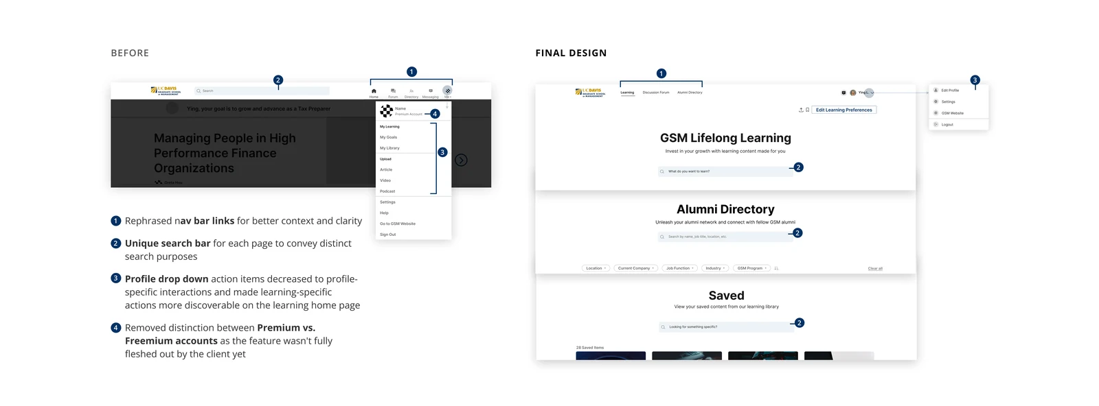 Before and after of the top navigation, with notes on rephrased links, per-page search and profile actions