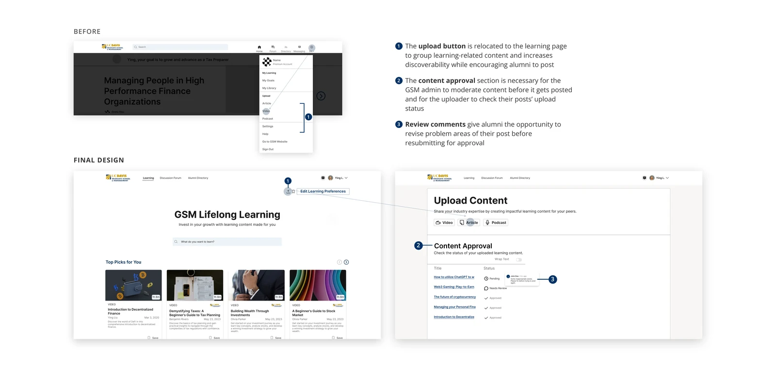 Before and after of content upload, with notes on the relocated upload button, content approval and review comments